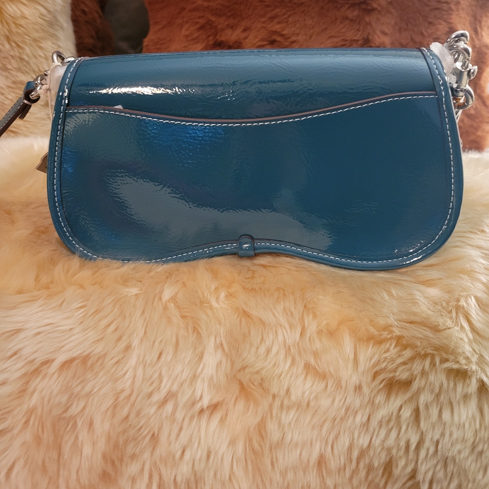 Coach Teal Patent Leather Shoulder Bag with Floral Chain Strap - Picture 2 of 5